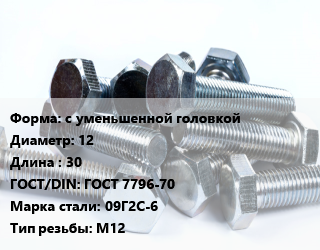 Болт с уменьшенной головкой 12х30 ГОСТ 7796-70 Сталь: 09Г2С-6 М12, без покрытия, кг цена от 131.67 сом / кг, где купить, условия доставки в Оше и Ошской области